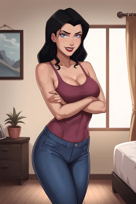 safe_pos, PonyXLV6_Scores BREAK ((parody style, parody), perfect anatomy, perfect eyes, cowboy shot), BREAK zatanna, black hair, blue eyes, dark red lipstick, makeup, ((looking at viewer)), curvy, athletic, large breasts, standing, indoors, smile, happy ex...