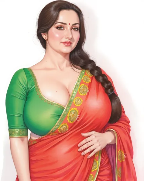 ((Centered composition, perfect framing, no cropping)), a high-quality watercolor painting by renowned artist Manimala, depicting a beautiful Indian woman, Ava Addams, with fair skin and long, dark hair styled in a single braid. She is wearing a stunning r...