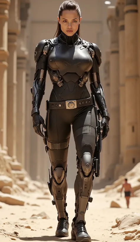 Angelina Jolie + robot hybrid, angelina face, background is a forgotten sand temple inside, full-body view, facing the viewer, classic tomb rider clothes, all limbs strong - fully robotic and visibly mechanical,