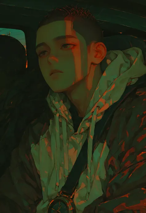 male, solo, jet-black, buzz-cut close to his scalp, deep brown eyes, waiting for someone, street scene, crowded, looking at watch, wearing comfortable clothes, dynamic, morning, soft light, dynamic shadow