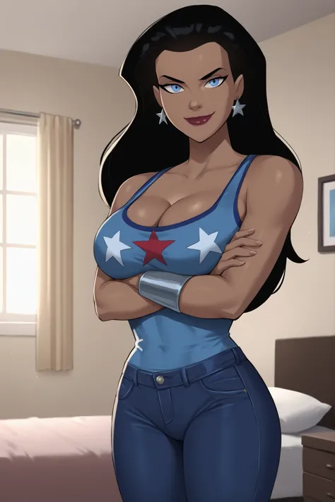 PonyXLV6_Scores BREAK ((parody), perfect anatomy, perfect eyes, cowboy shot), BREAK diana prince, long hair, black hair, blue eyes, bright red lipstick, dark-skinned female,  ((looking at viewer)),  cleavage, blue tank top, blue jeans, earrings, large brea...
