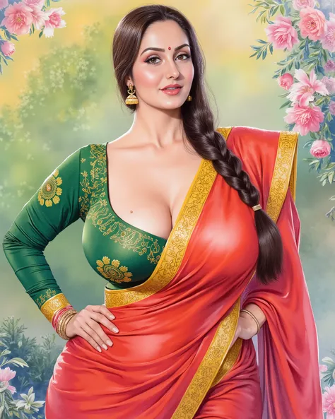 ((Centered composition, perfect framing, no cropping, cowboy shot)), a high-quality watercolor painting by renowned artist Manimala, depicting a beautiful Indian woman, Ava Addams, with fair skin and long, dark hair styled in a single braid. She is wearing...