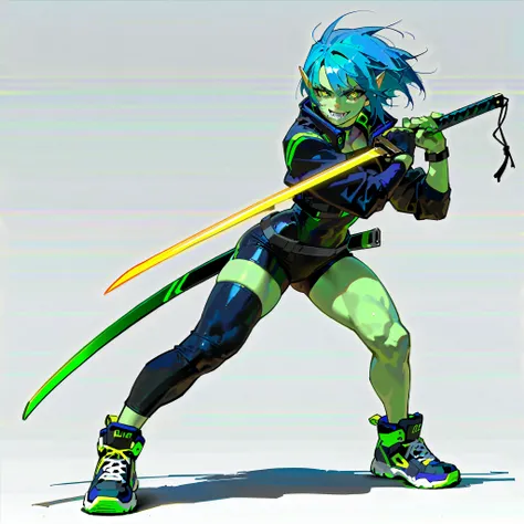 (((masterpiece))), (((Best Quality))), ((Ultra-detailed)), (High Definition anime Illustration), ((extremely delicate and beautiful)),((1 orc girl)),solo, Full body, night blue hair and yellow eyes,((Cyberpunk suit))((holds a sword in a scabbard)),(pale gr...