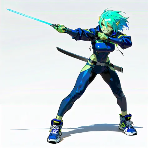 (((masterpiece))), (((Best Quality))), ((Ultra-detailed)), (High Definition anime Illustration), ((extremely delicate and beautiful)),((1 orc girl)),solo, Full body, night blue hair and yellow eyes,((Cyberpunk suit))((holds a sword in a scabbard)),(pale gr...