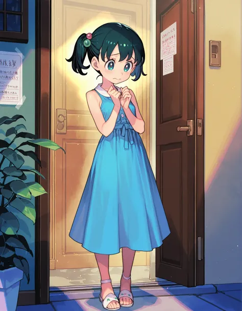 masterpiece, best quality, (hungry clicker:0.9),(enkyo yuuichirou:0.9), 1girl, loli, minamoto shizuka \(doraemon\), dress, full body, invitation, door