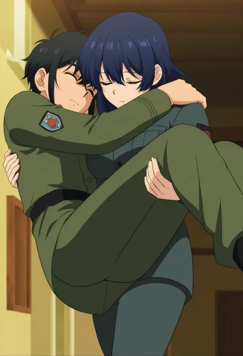 score_9,score_8_up,score_7_up,source anime,anime screencap,anime coloring,masterpiece,best quality,,1girl, blue hair, black hair,medium hair, medium breasts, soldier outfit,princess carry,1boy, unconscious , closed eyes,bridal style, female carrying male, ...