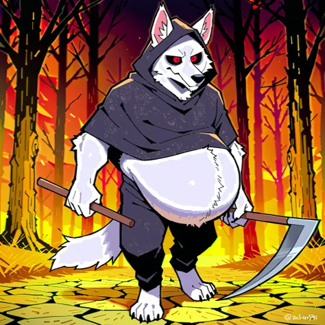 ((best quality, high res, perfect scenario)), Death Wolf, 1male, solo, detailed eyes, white fur, tail, big belly, sadic face, red eyes, black sclera, skinny muscle, black hood, black pants , in the village, holding a two short scythes, by K0BIT0WANI, by Za...