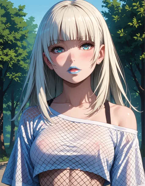 score_9, score_8_up, score_7_up, vivid colors, (1girl, solo), upper body, (long hair, white hair, hime cut), stunning blue eyes, sexy lips, blue lipstick, pale skin, (off shoulder crop top, punk clothing, fishnets, medium breasts), oversized t-shirt (sultr...