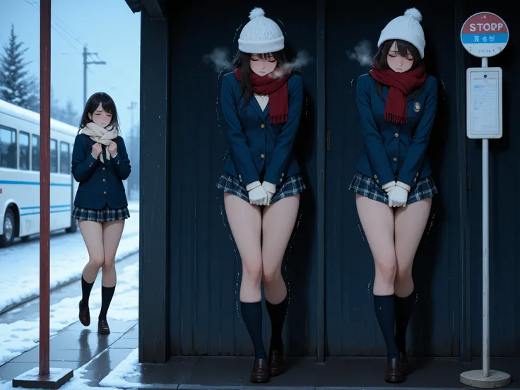 (masterpiece), best quality, winter evening, dark, cool lighting, bus stop, ((multiple girls)), closed eyes, perfect face, miserable, breath, ((shivering, trembling)), steamy breath, winter hat, scarf, peacoat, long sleeves, gloves, school uniform, peacoat...
