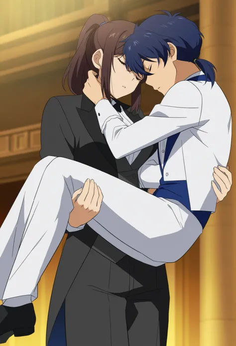 score_9,score_8_up,score_7_up,source anime,anime screencap,anime coloring,masterpiece,best quality,,1girl,  blue hair, ponytail brown hair,medium hair, medium breasts, butler outfit,princess carry,1boy, unconscious , ,, fainting,,,bridal style, female carr...