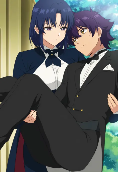 score_9,score_8_up,score_7_up,source anime,anime screencap,anime coloring,masterpiece,best quality,,1girl,  blue hair, short purple hair,medium hair, medium breasts, butler outfit,princess carry,1boyunconscious , ,, ,,,bridal style, female carrying male, r...
