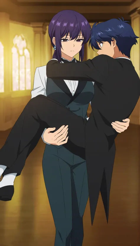score_9,score_8_up,score_7_up,source anime,anime screencap,anime coloring,masterpiece,best quality,,1girl,  blue hair, short purple hair,medium hair, medium breasts, butler outfit,princess carry,1boyunconscious , ,, ,,,bridal style, female carrying male, r...