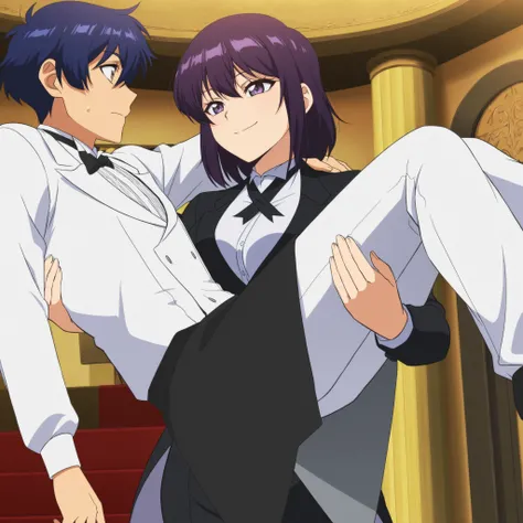 score_9,score_8_up,score_7_up,source anime,anime screencap,anime coloring,masterpiece,best quality,,1girl, handsome , smile,blue hair, short purple hair,medium hair, medium breasts, butler outfit,princess carry,1boyunconscious , ,, ,,,bridal style, female ...