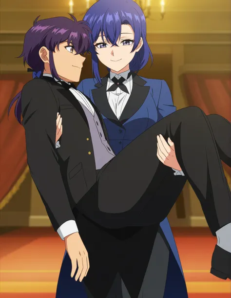 score_9,score_8_up,score_7_up,source anime,anime screencap,anime coloring,masterpiece,best quality,,1girl, handsome , smile,blue hair, short purple hair,medium hair, medium breasts, butler outfit,princess carry,1boyunconscious , ,, ,,,bridal style, female ...