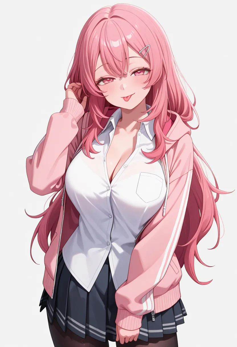 (masterpiece, best quality), ((perfect hands, perfect fingers)), 1girl, solo, ryou minami kotobuki, 

ong hair, bangs, hair between eyes, pink hair, very long hair, pink eyes, 
hair ornament, hairclip, 

school uniform, shirt, collared shirt, white shirt, 
hood, hooded jacket, jacket, open clothes, open jacket,  (plain pink jacket), sleeves past wrists, 
(plain black pleated skirt), mini skirt, 
black pantyhose, pantyhose, 

cleavage, 

big breasts, 

skindentation, 

blush, half-closed eyes, tongue out, sexual meanings, seductive smile, 

no background, looking at viewer, cowboy shot, (hand  in own hair), 

adjusting clothes, 