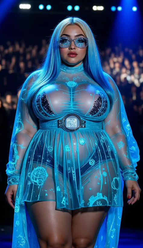 A 1500 kg fat British blonde woman with long glowing blue hair performing on stage in a sheer holographic dress that shifts colors with movement. Her transparent, tech-enhanced glasses project neon symbols, and her tattoos feature barcodes, AI symbols, and...
