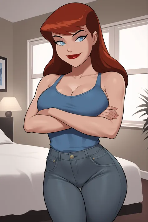 1980s (style), retro artstyle, source_cartoon, score_9, score_8_up, score_7_up, score_6_up, ((zPDXL2)), (cartoon, highly detailed, masterpiece, absurd resolution, perfect anatomy), cowboy shot BREAK barbara gordon, long hair, red hair, blue eyes, solo,  ((...