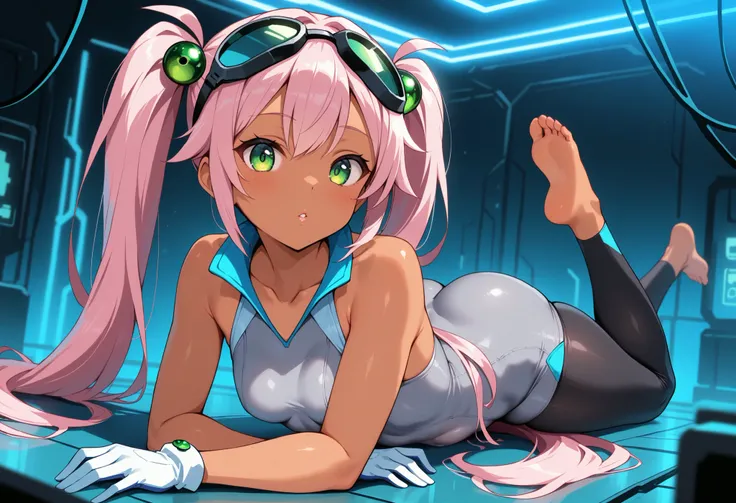 1girl, full body, Lovrina-inspired character, tan skin, vivid pink hair, very long pigtails, green eyes, looking at viewer, wearing a futuristic short dress (grey stomach, sleeveless), black leggings, barefoot, white gloves, goggles on head, green bobble o...