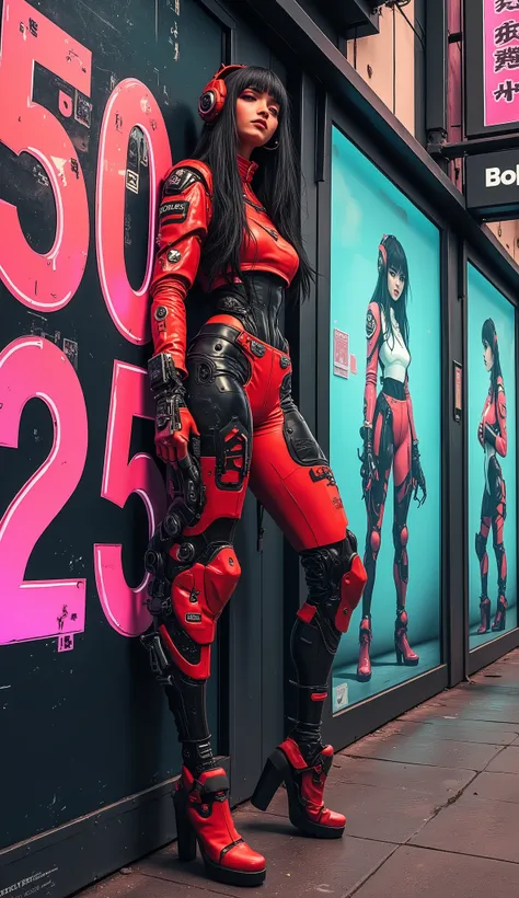 A cyberpunk anime, a sci-fi female model in a form-fitting fashion concept, leaning against a wall with huge neon numbers: "3025", on Cyberpunk Street, with neon signs and large advertisements for supermodels in red and black colors.