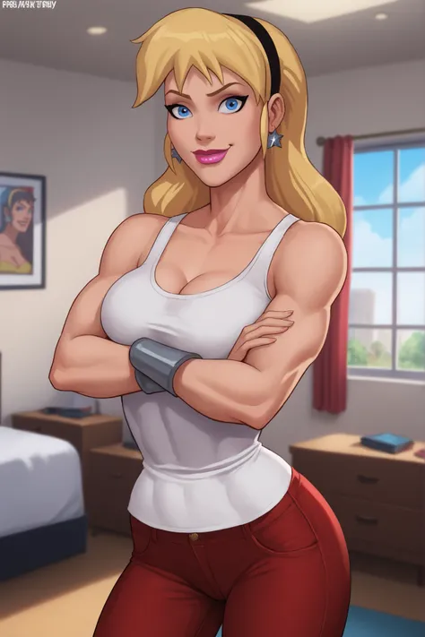 safe_pos, PonyXLV6_Scores BREAK (((parody style, parody:1.2)), perfect anatomy, cowboy shot) 1girl, blonde hair, blue eyes, ((looking at viewer)), hairband, star earrings,  curvy,  athletic, indoors,  white tank top, red jeans, large breasts, smiling, clos...