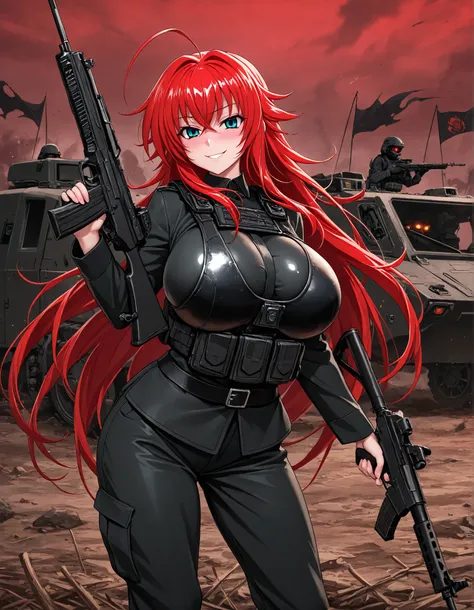Rias Gremory, big breasts, (((bulletproof vest))), soldier of hell, (((shiny skin))), in a hell, red sky, demon paradise, sexy pose, evil smile, blushing, holding a rifle, War zone, armored vehicles, special operations, black flags, (((black military pants...