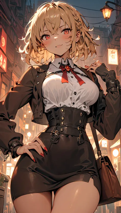 (((best quality))), ((masterpiece)), (((high resolution))), ultra HD, RAW photo, 8K, cinematic lighting, ((glowing crimson red eyes)), pale ivory skin with a moonlit glow, long golden blonde hair in a thick braid tied with a blood-red ribbon, subtle fang, ...