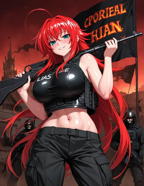 Rias Gremory, big breasts, (((bulletproof vest))), soldier of hell, (((shiny skin))), in a hell, red sky, demon paradise, sexy pose, evil smile, blushing, holding a rifle, War zone, armored vehicles, special operations, black flags, (((Rias' name on his bu...