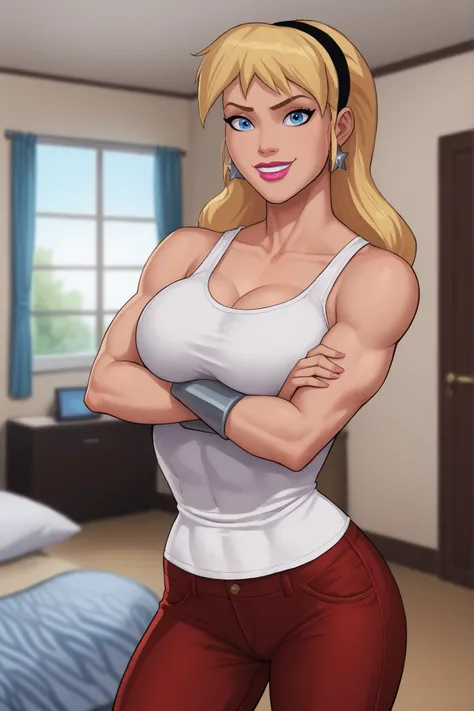 safe_pos, PonyXLV6_Scores BREAK (((parody style, parody:1.2)), perfect anatomy, cowboy shot) 1girl, blonde hair, blue eyes, ((looking at viewer)), hairband, star earrings,  curvy,  athletic, indoors,  white tank top, red jeans, large breasts, smiling, clos...