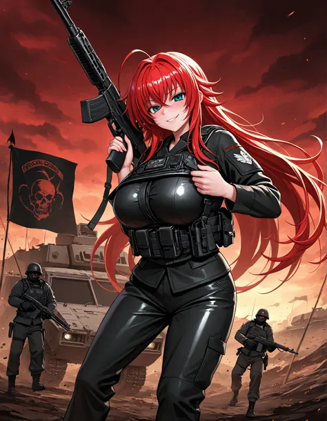 Rias Gremory, big breasts, (((bulletproof vest))), soldier of hell, (((shiny skin))), in a hell, red sky, demon paradise, sexy pose, evil smile, blushing, holding a rifle, War zone, armored vehicles, special operations, black flags, (((black military pants...