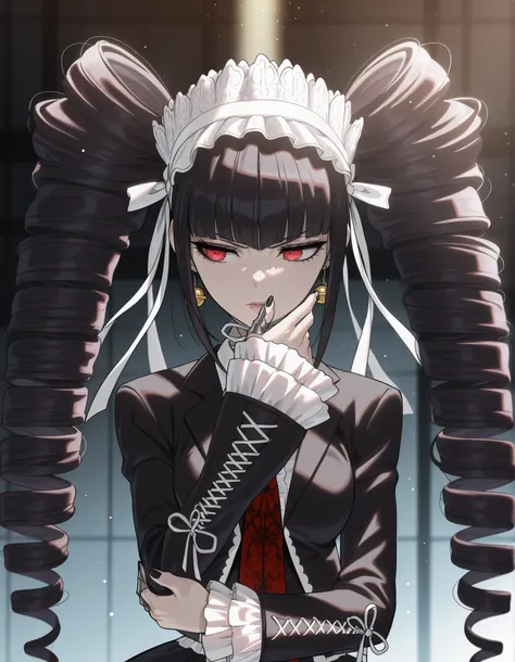 anime screencap, masterpiece, best quality, amazing quality, very aesthetic, absurdres, newest, (scenery, volumetric lighting), celestia ludenberg, 1girl, solo, long hair, serious, bangs, lips, white shirt, black hair, red eyes, long sleeves, twintails, st...