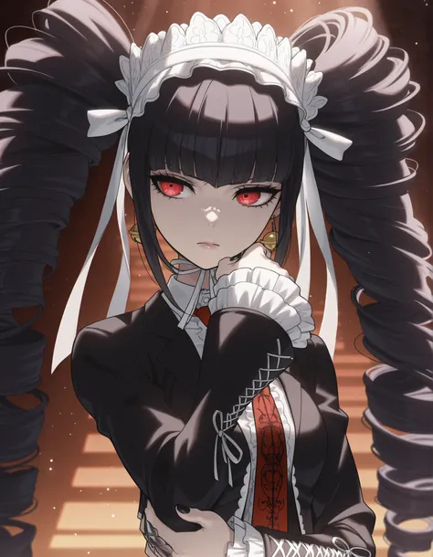 anime screencap, masterpiece, best quality, amazing quality, very aesthetic, absurdres, newest, (scenery, volumetric lighting), celestia ludenberg, 1girl, solo, long hair, serious, bangs, lips, white shirt, black hair, red eyes, long sleeves, twintails, st...