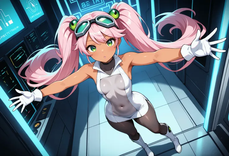 1girl, full body, Lovrina-inspired character, tan skin, vivid pink hair, very long pigtails, green eyes, looking at viewer, wearing a futuristic short dress (grey stomach, sleeveless), black pantyhose, grey thigh-high boots, white gloves, goggles on head, ...