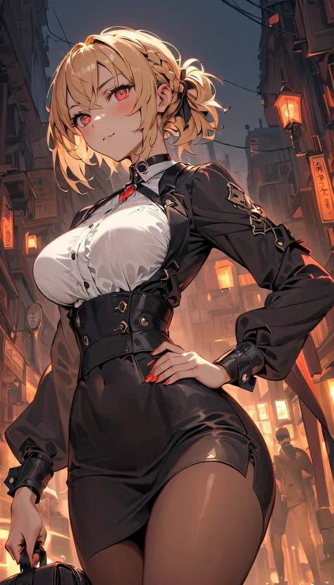 (((best quality))), ((masterpiece)), (((high resolution))), ultra HD, RAW photo, 8K, cinematic lighting, ((glowing crimson red eyes)), pale ivory skin with a moonlit glow, (long golden blonde hair in a thick braid tied with a blood-red ribbon), subtle fang...
