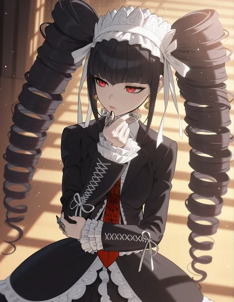 anime screencap, masterpiece, best quality, amazing quality, very aesthetic, absurdres, newest, (scenery, volumetric lighting), celestia ludenberg, 1girl, solo, long hair, expressionless, bangs, lips, white shirt, black hair, red eyes, long sleeves, twinta...
