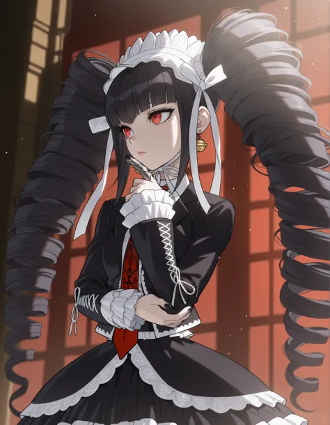 anime screencap, masterpiece, best quality, amazing quality, very aesthetic, absurdres, newest, (scenery, volumetric lighting), celestia ludenberg, 1girl, solo, long hair, expressionless, bangs, lips, white shirt, black hair, red eyes, long sleeves, twinta...