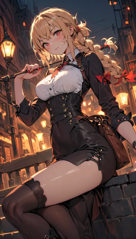 best quality, masterpiece, high resolution, ultra HD, RAW photo, 8K, cinematic lighting, glowing crimson red eyes, pale ivory skin with a moonlit glow, long golden blonde hair in a thick braid tied with a blood-red ribbon, subtle fang, elegant and confiden...