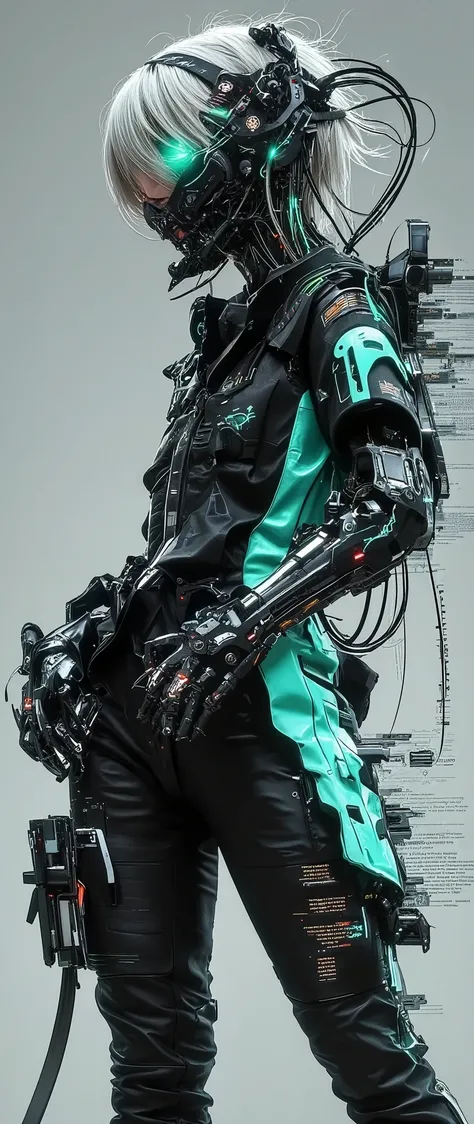 A stylized digital illustration of an unknown model girl with short, slightly tousled hair, wearing a cyberfooter jumpsuit and a headdress with wires attached to it. The caption in the form of buggy text at the bottom reads: "FASHION-3025.....". The jumps...