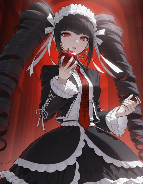 anime screencap, masterpiece, best quality, amazing quality, very aesthetic, absurdres, newest, (scenery, volumetric lighting), celestia ludenberg, 1girl, solo, long hair, expressionless, parted lips, bangs, lips, white shirt, black hair, red eyes, long sl...