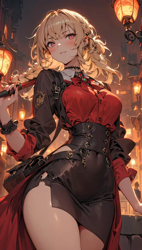 best quality, masterpiece, high resolution, ultra HD, 8K, cinematic lighting, glowing crimson red eyes, pale ivory skin with a moonlit glow, long golden blonde hair in a thick braid tied with a blood-red ribbon, subtle fang, elegant and confident expressio...