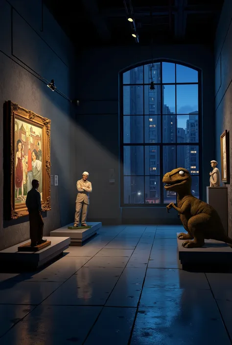 **Description:**
Create a modern gallery at night, in which the exhibits come alive and depict funny situations.
### Details:
1. **Umgebung:**
- **Architektur:** modern and minimalistic, large window, dark walls.
- **Beleuchtung:** Strategic spot...