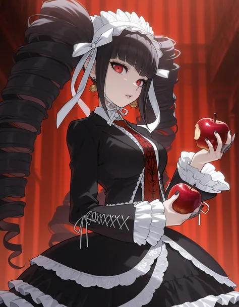 anime screencap, masterpiece, best quality, amazing quality, very aesthetic, absurdres, newest, (scenery, volumetric lighting), celestia ludenberg, 1girl, solo, long hair, expressionless, parted lips, bangs, lips, white shirt, black hair, red eyes, long sl...