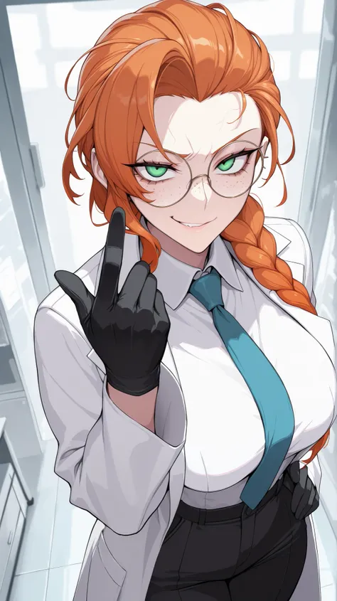 absurdres, (((Ultra HD))), (((Ultra High Quality))), ((hyper detailed)), ((Ultra High Resolution)), (Highly rendered), ((detailed eyes)), (((8K))), ((perfect face)), ((masterpiece)), solo, tall, 1girl, freckles, round glasses, orange hair, long braided pon...
