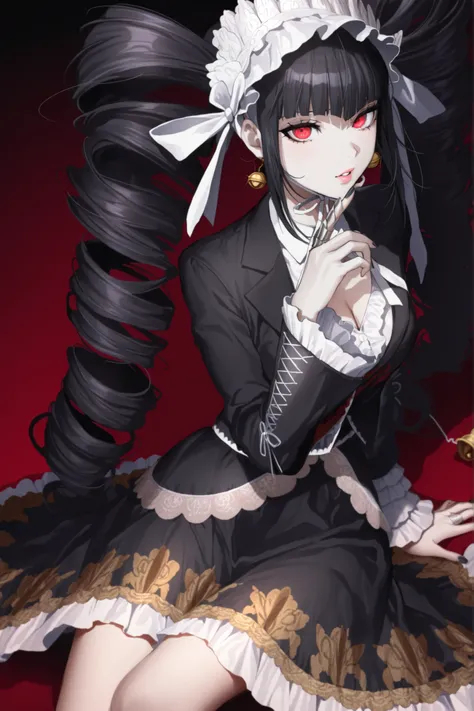 anime screencap, masterpiece, best quality, amazing quality, very aesthetic, absurdres, newest, (scenery), celestia ludenberg, 1girl, solo, long hair, parted lips, bangs, lips, white shirt, black hair, red eyes, long sleeves, twintails, sitting, bell earri...