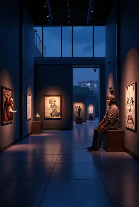 **Description:**
Design a modern museum at night, in which the exhibits come alive and depict funny situations.
### Details:
1. **Umgebung:**
- **Architektur:** modern and minimalistic, large window, dark walls.
- **Beleuchtung:** Strategic spotl...