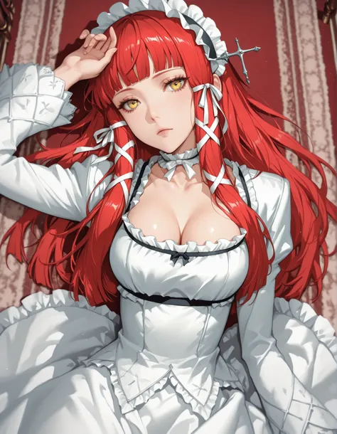 score_9, score_8_up, score_7_up, source_anime, 1girl, solo, lying, lying down, expressionless, morimee_style, y0shino, long hair, red hair, blunt bangs, hair ribbon, white ribbon, tress ribbon, yellow eyes, frilled hairband, headdress, frills, white dress,...