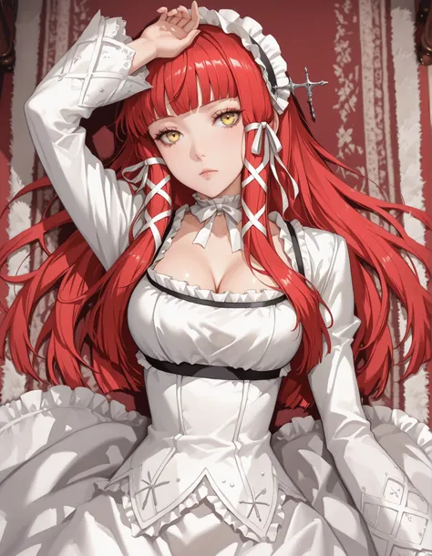 score_9, score_8_up, score_7_up, source_anime, 1girl, solo, lying, lying down, expressionless, morimee_style, y0shino, long hair, red hair, blunt bangs, hair ribbon, white ribbon, tress ribbon, yellow eyes, frilled hairband, headdress, frills, white dress,...