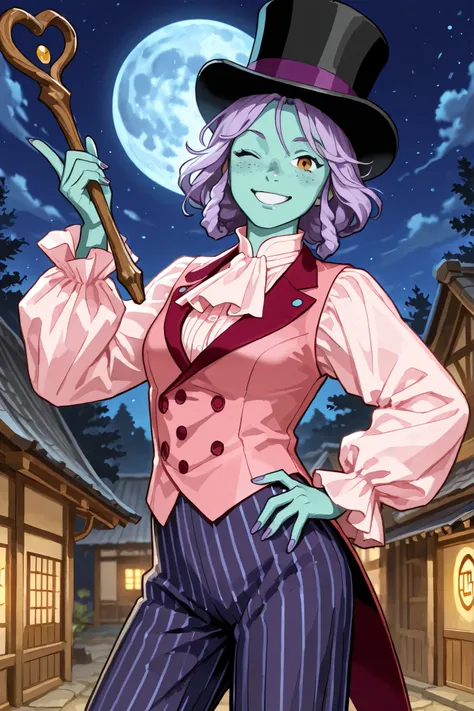 triton, solo, female, turquoise skin, lavender colored hair, freckles, (wearing a large pink silk top hat), gold eyes, (wearing a pink vest), [[a ruffled colonial white shirt underneath the pink vest]], red colonial era cravat with embeded gem,  top hat fi...