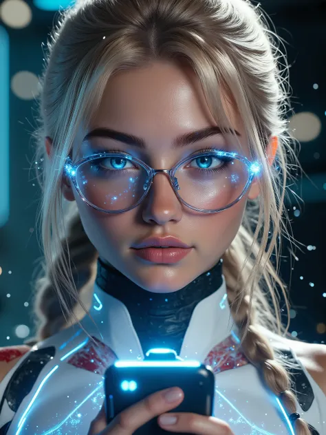 A stunning pretty young lady, blonde hair, thunder Blue eyes, high tech bodysuit, glowing blue fire eyes, longer hair, pony tail, holding a cellphone, gorgeous lady, full body image, glowing tattoos in her skin, glowing skin, Photorealistic, UHD, hyper rea...