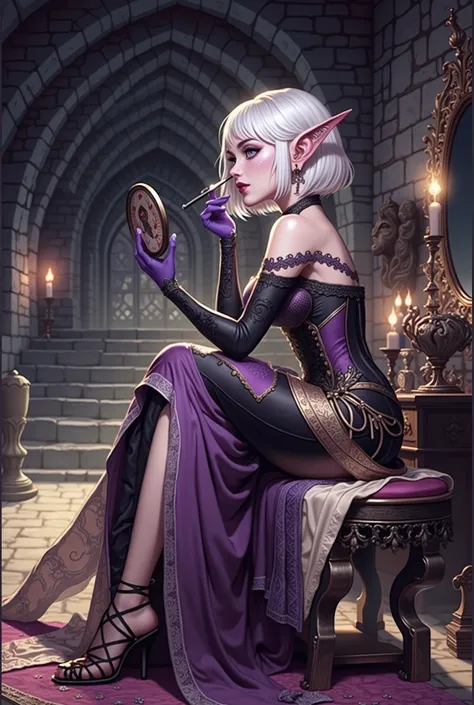 (Ultra-detailed face, Looking Away, Gothic Illustration, Dark Tone Colors.) , BREAK
(An underground court of dark elves deep underground. The room is in medieval European gothic style, purple lighting. A young female dark elf sorceress in a graceful, bold...