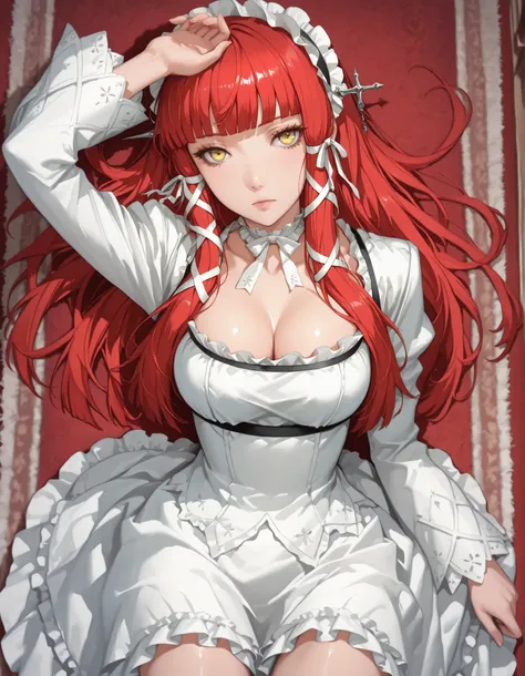 score_9, score_8_up, score_7_up, source_anime, 1girl, solo, lying, lying down, expressionless, morimee_style, y0shino, long hair, red hair, blunt bangs, hair ribbon, white ribbon, tress ribbon, yellow eyes, frilled hairband, headdress, frills, white dress,...